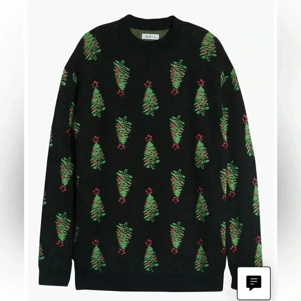 [M]The Rail Long Crew neck Christmas tree print Knit Black sweater Holiday